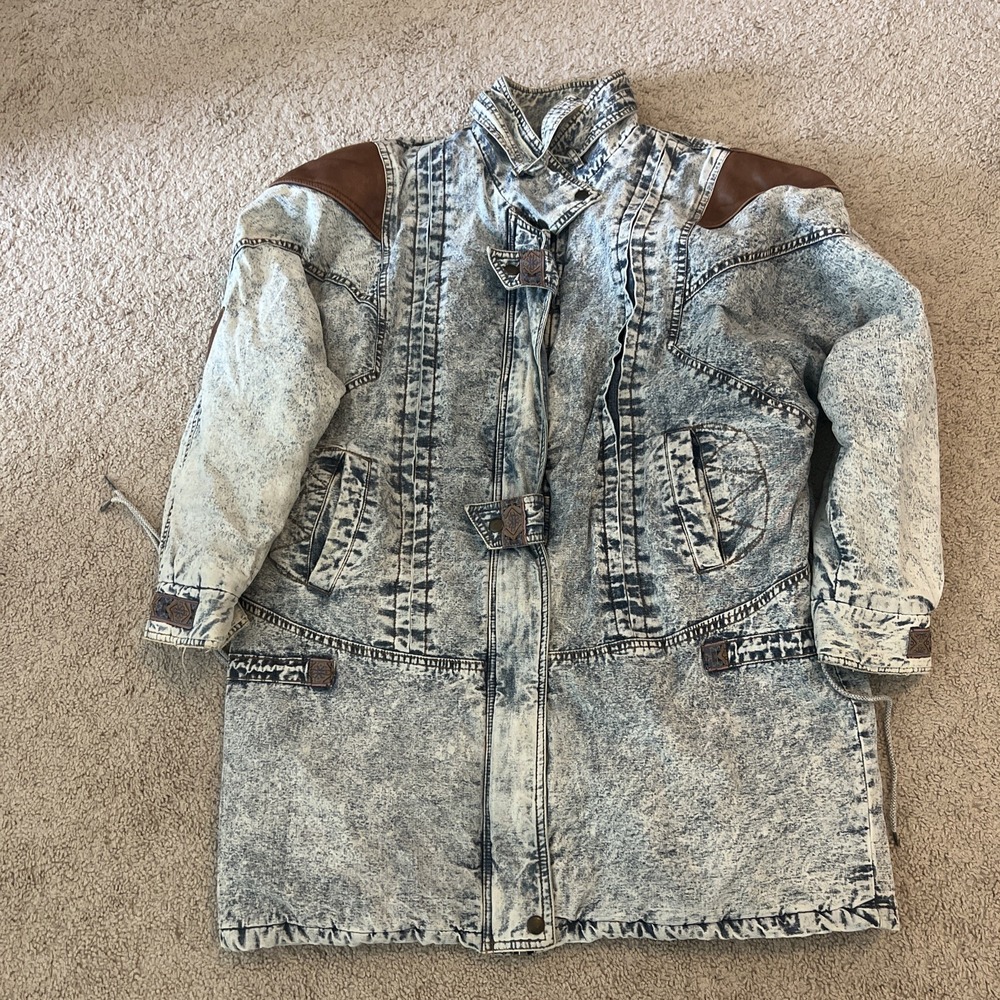 Vintage Women 80s Padded Denim Aztec Print Stone Washed Jean Jacket Long Size M‎